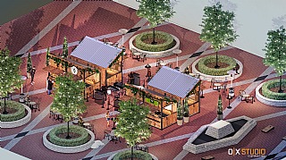 Aerial view of heated town square eating