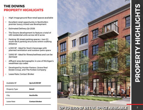 Northville retail space development highlights and render.