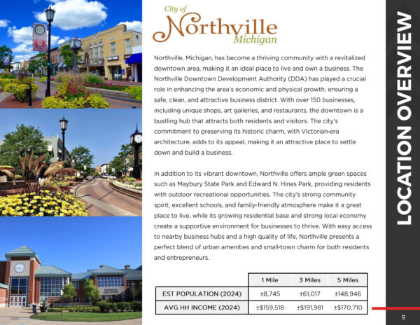 Overview of Northville, Michigan highlighting business and community.