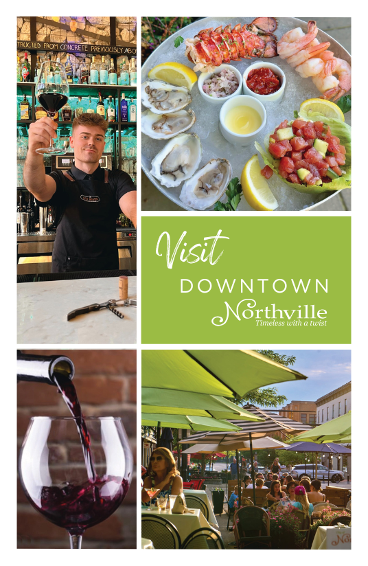 Enjoy wine and seafood in Downtown Northville patio dining.