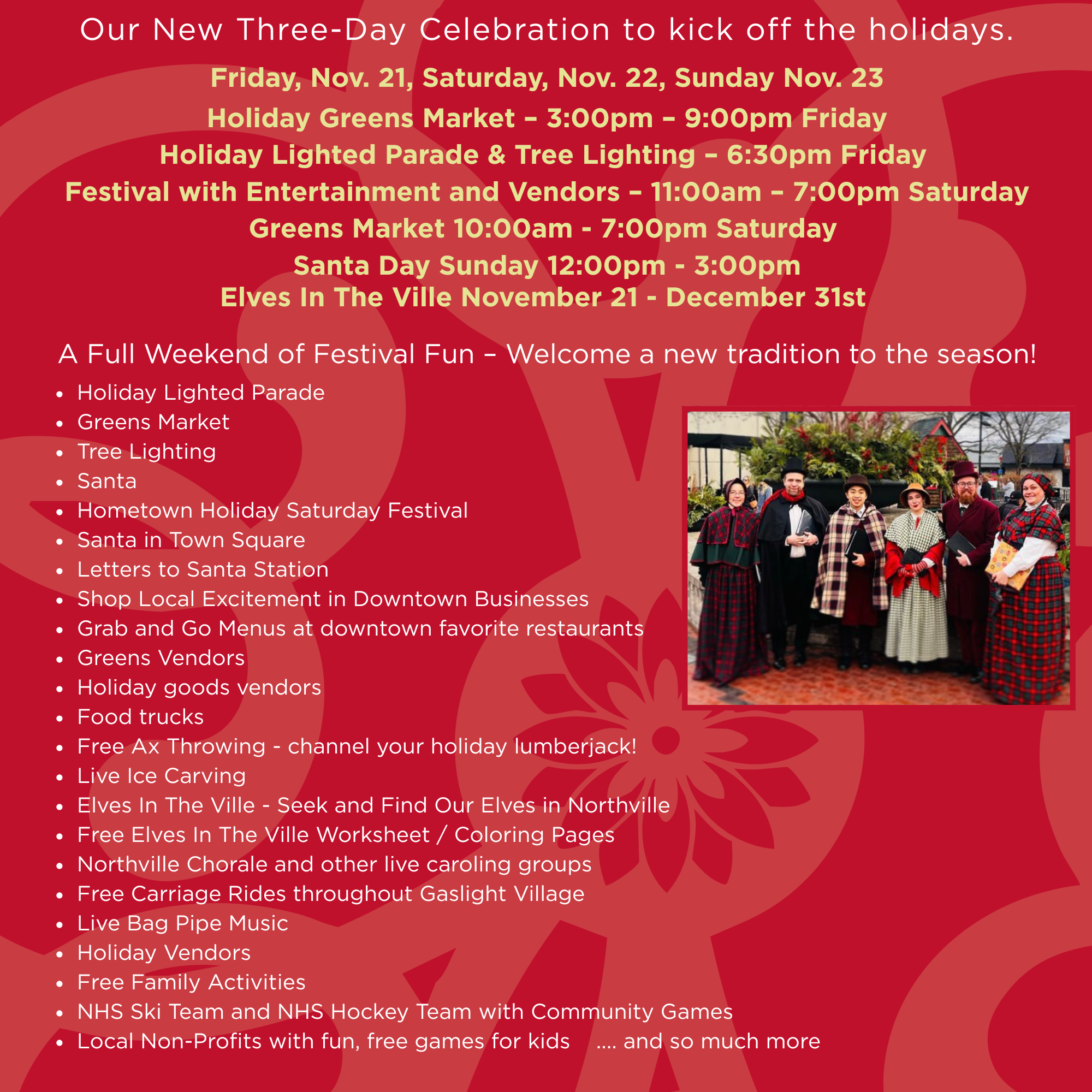 Holiday event flyer with activities and dates.