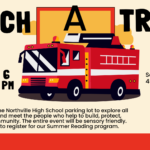 Touch a Truck program on Saturday, June 6 from 10 AM - 12 PM at the Northville High School, in the parking lot for all ages. Hosted by the Northville District Library, with a red fire truck featured.
