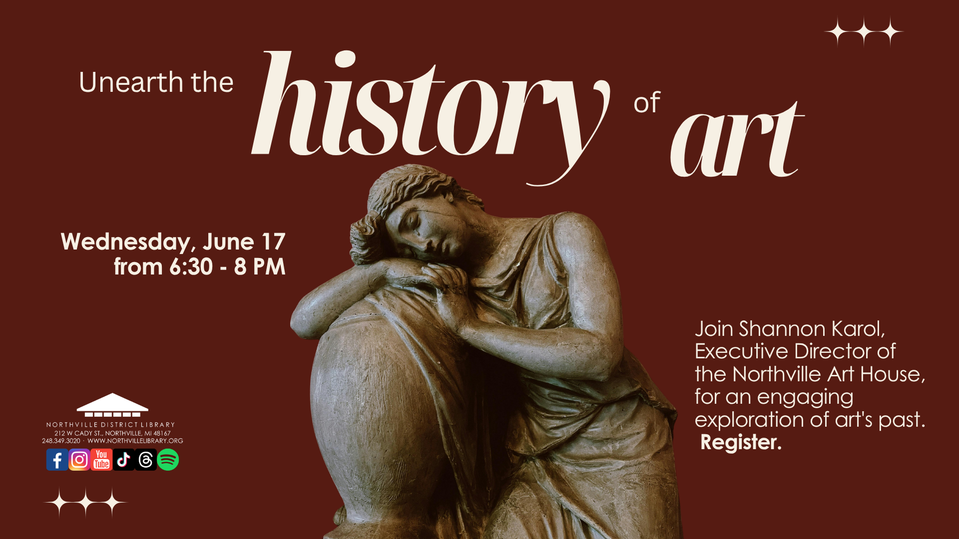 Unearth the History of Art on Wednesday, June 17 from 6:30 - 8 PM. Featured is a female sculpture leaning across a large vase.