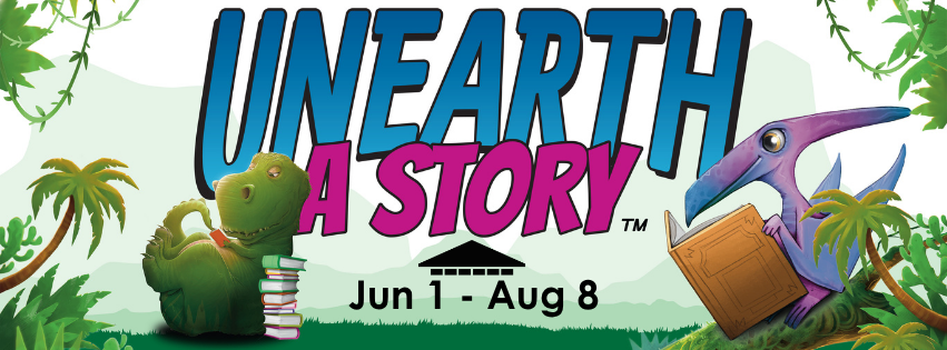 Unearth a Story from June 1 - August 8 at NDL. Dinosaurs are reading books in a prehistoric jungle-type setting.