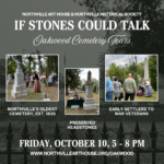 Tour goers listening to actors tell stories at gravesites in Oakwood Cemetery in Northville.