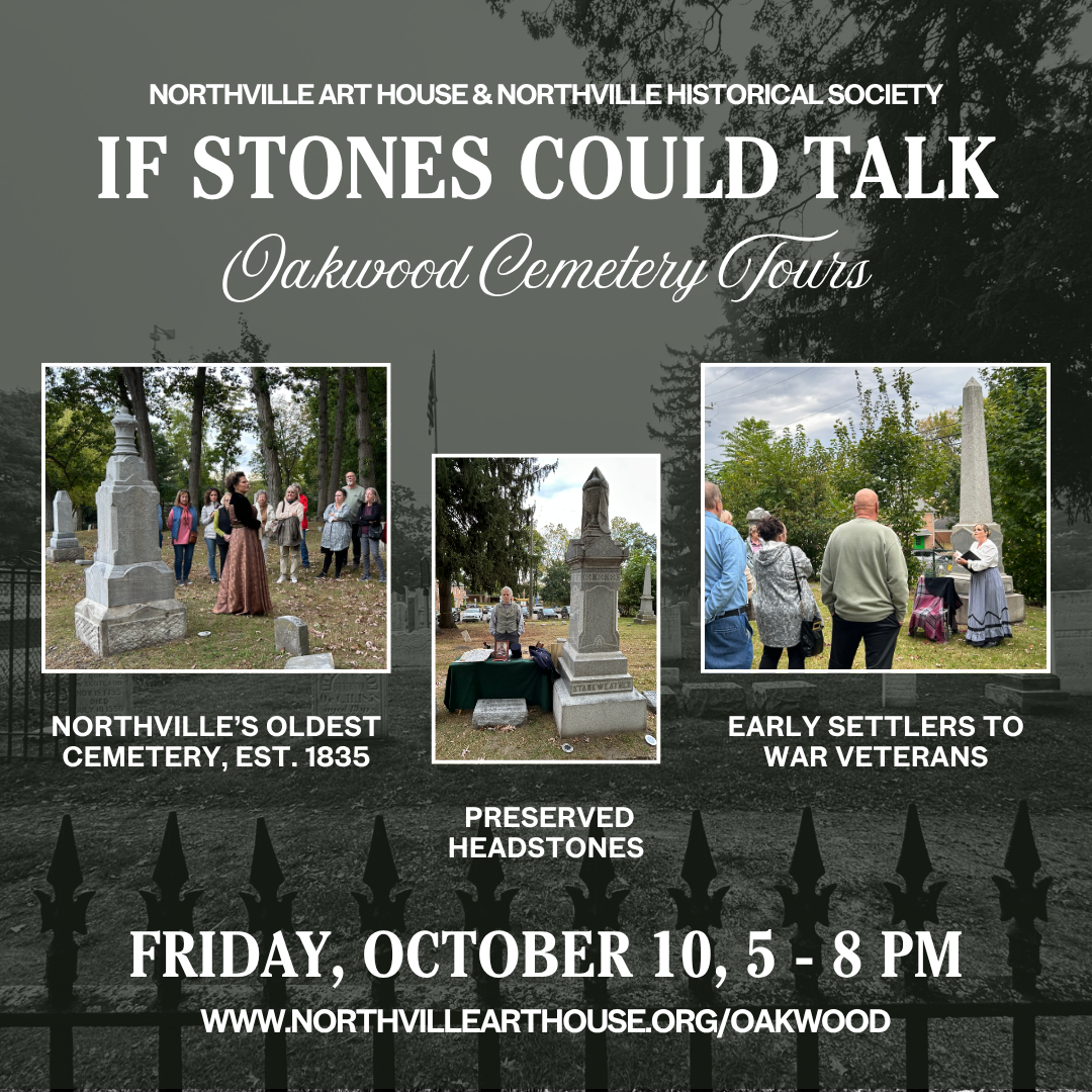 Tour goers listening to actors tell stories at gravesites in Oakwood Cemetery in Northville.