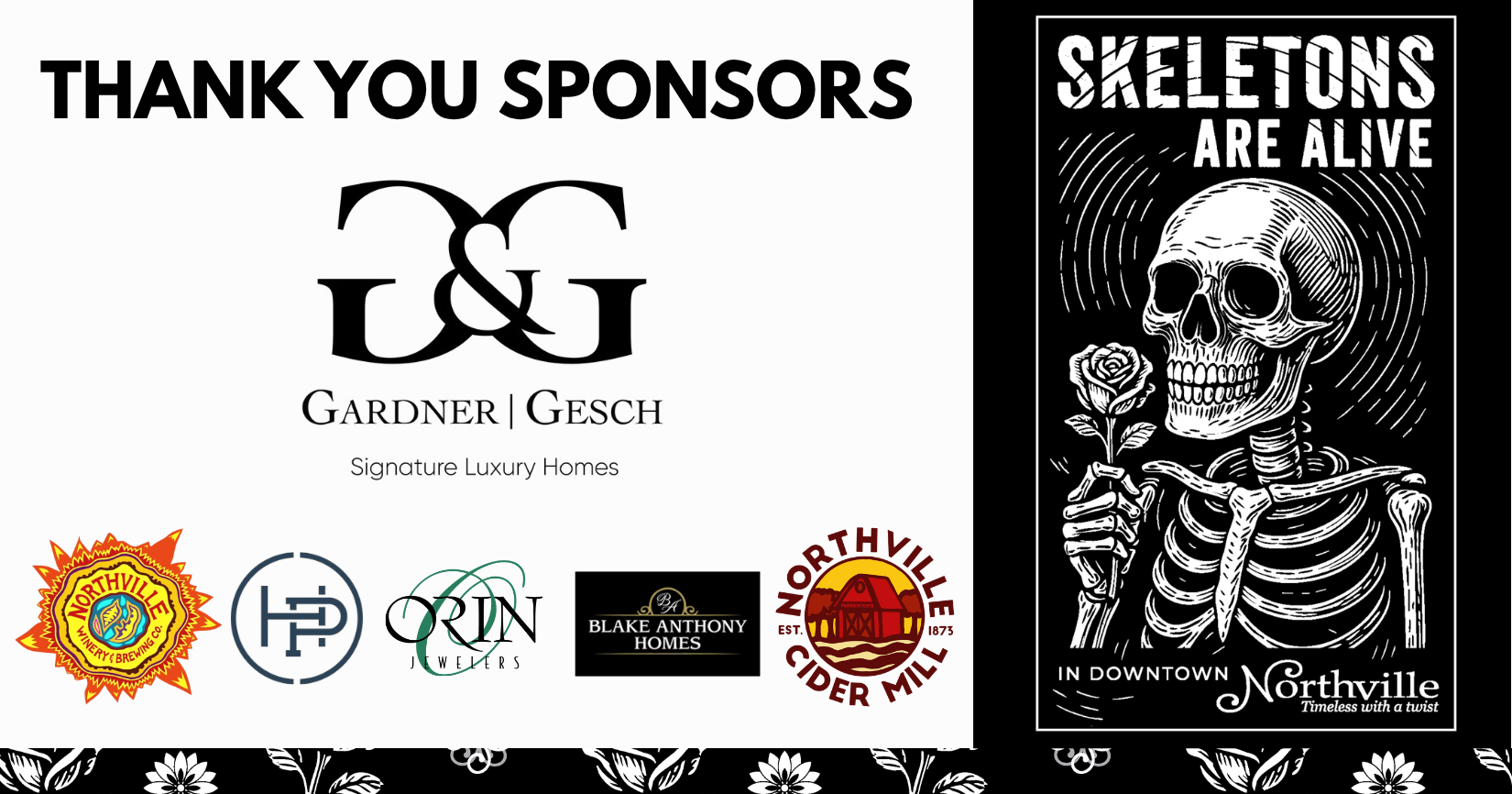 Thank-you sponsors graphic beside Skeletons Are Alive poster